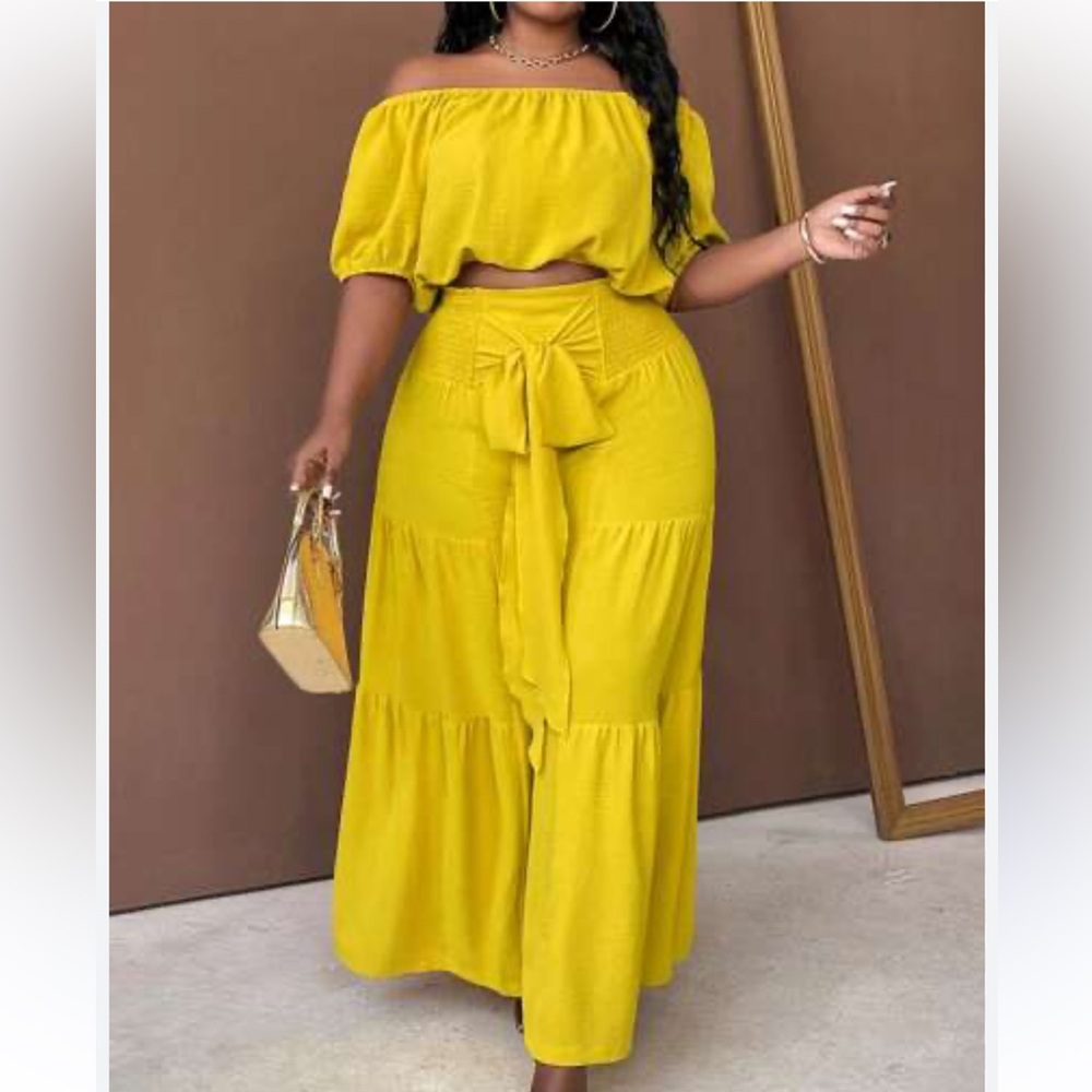 Yellow Two-Piece Wide Leg BoHo Pants Set